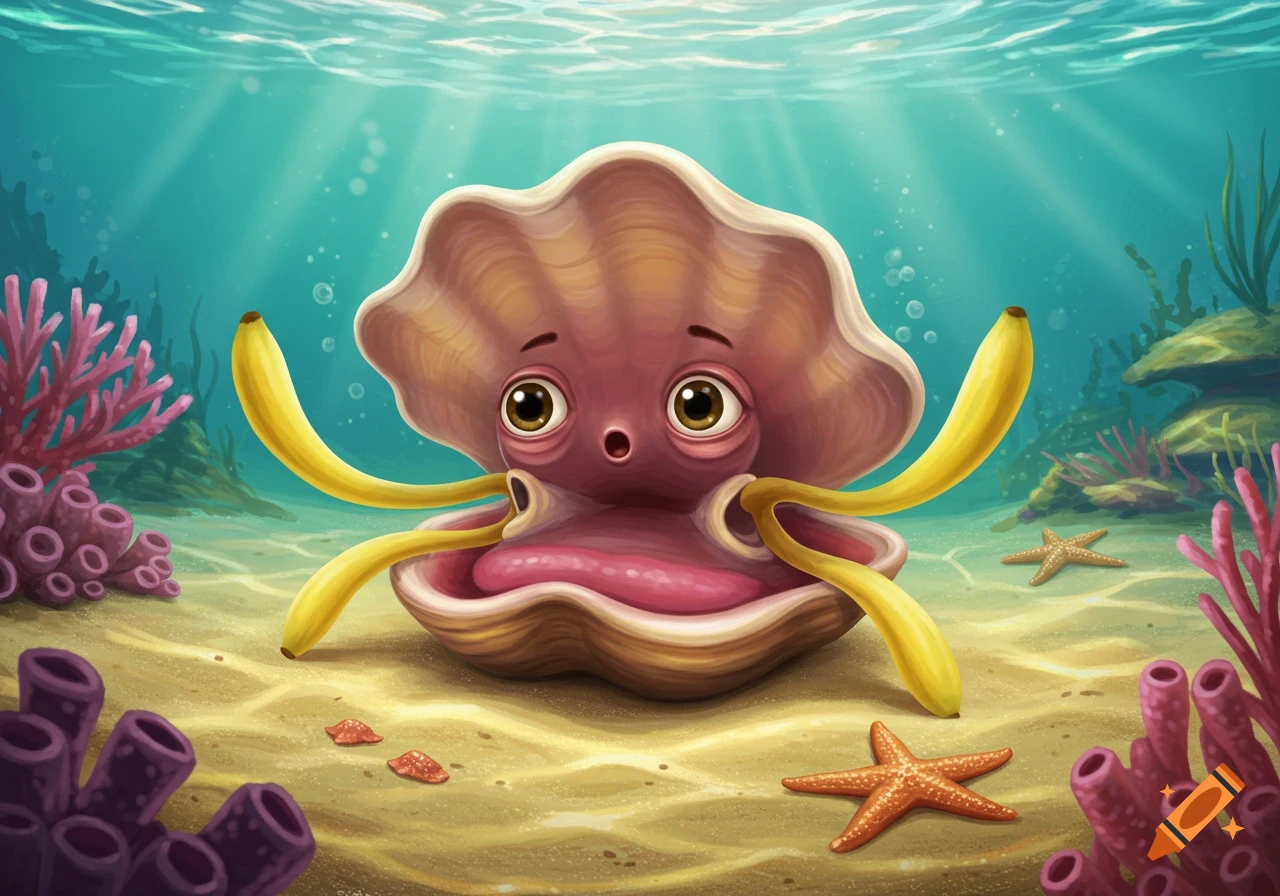 A whimsical cartoon clam with large eyes, a wide open mouth, and yellow banana arms stands on the ocean floor surrounded by coral and starfish.