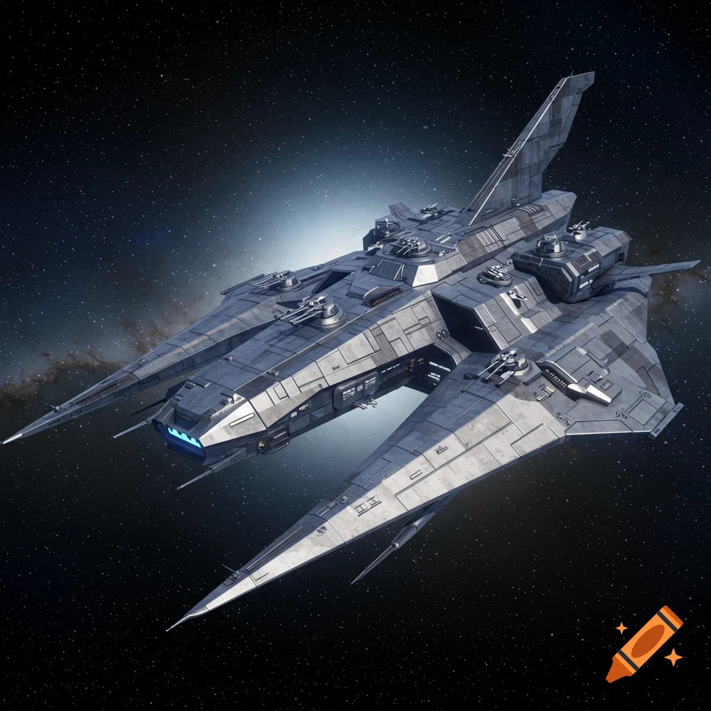 A sleek, grey twin-hull spacecraft with multiple turrets and blue glowing accents flies through a star-filled galaxy.