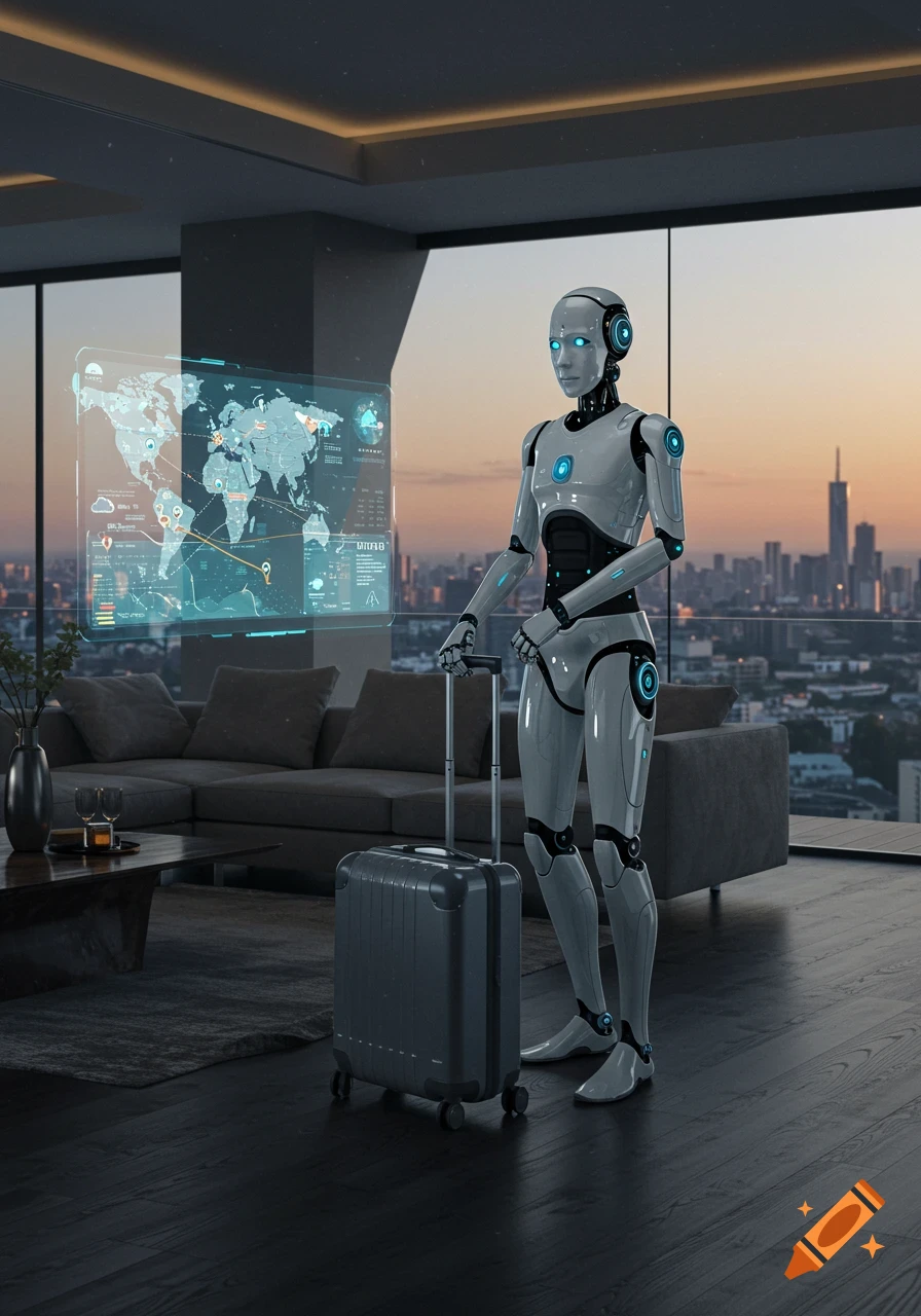 A photorealistic robot holds a suitcase and views a holographic world map in a modern apartment overlooking a city skyline at sunset.
