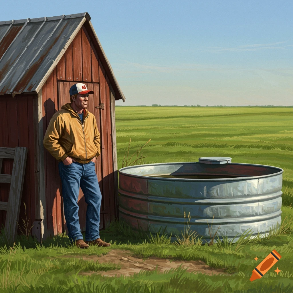 A man in a baseball cap and jacket leans on a red shed beside a metal water tank in a green field.