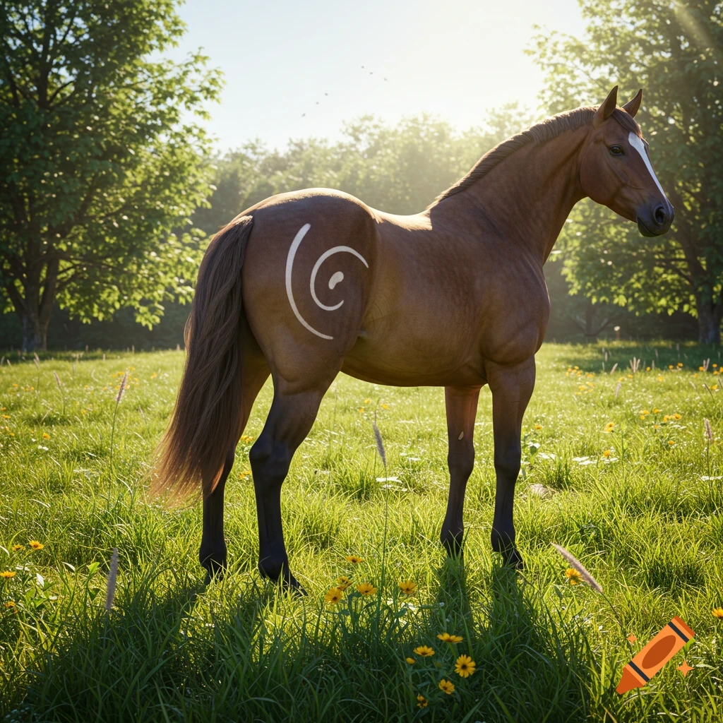 A photorealistic brown horse with a white circular design on its flank stands in a sunlit grassy field with trees in the background.