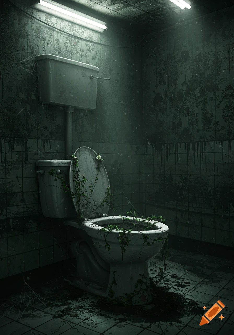Photorealistic image of a dirty, overgrown toilet in a dark, decaying bathroom, lit by a single fluorescent light.