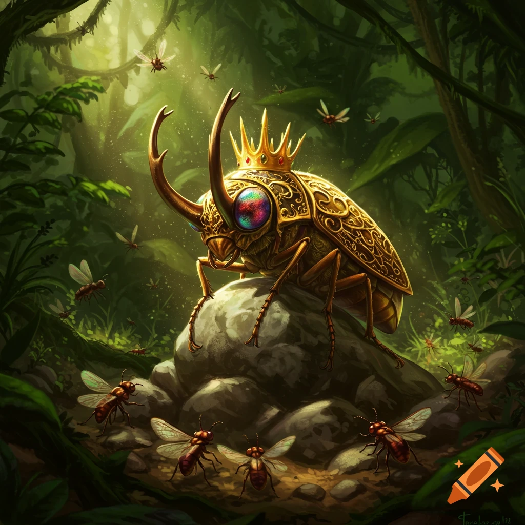 An ornate golden beetle wearing a crown sits on a rock in a lush jungle, surrounded by smaller flying insects. Digital illustration.