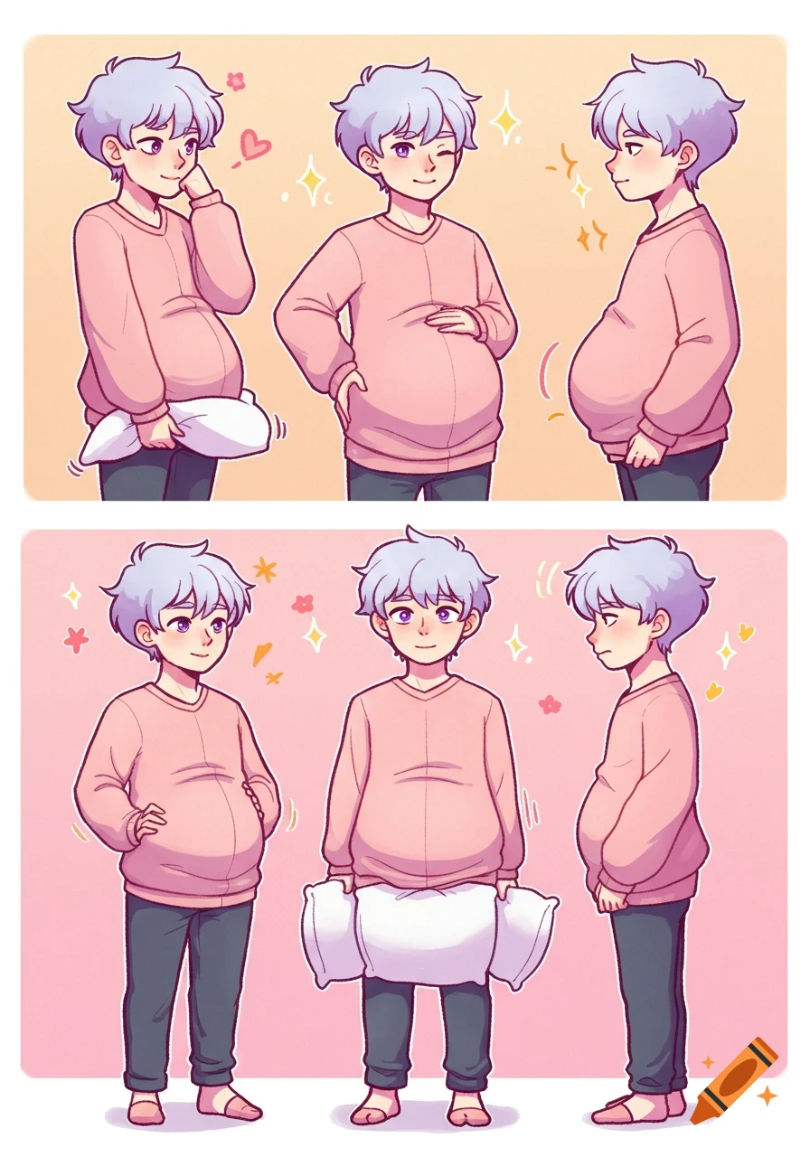 A male anime character in a pink sweater pretends to be pregnant with a pillow, shown in a comic strip with various poses.