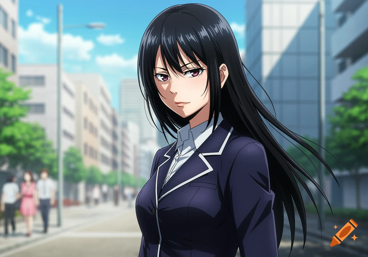 An anime woman with long black hair and purple eyes stands on a city street, looking serious.