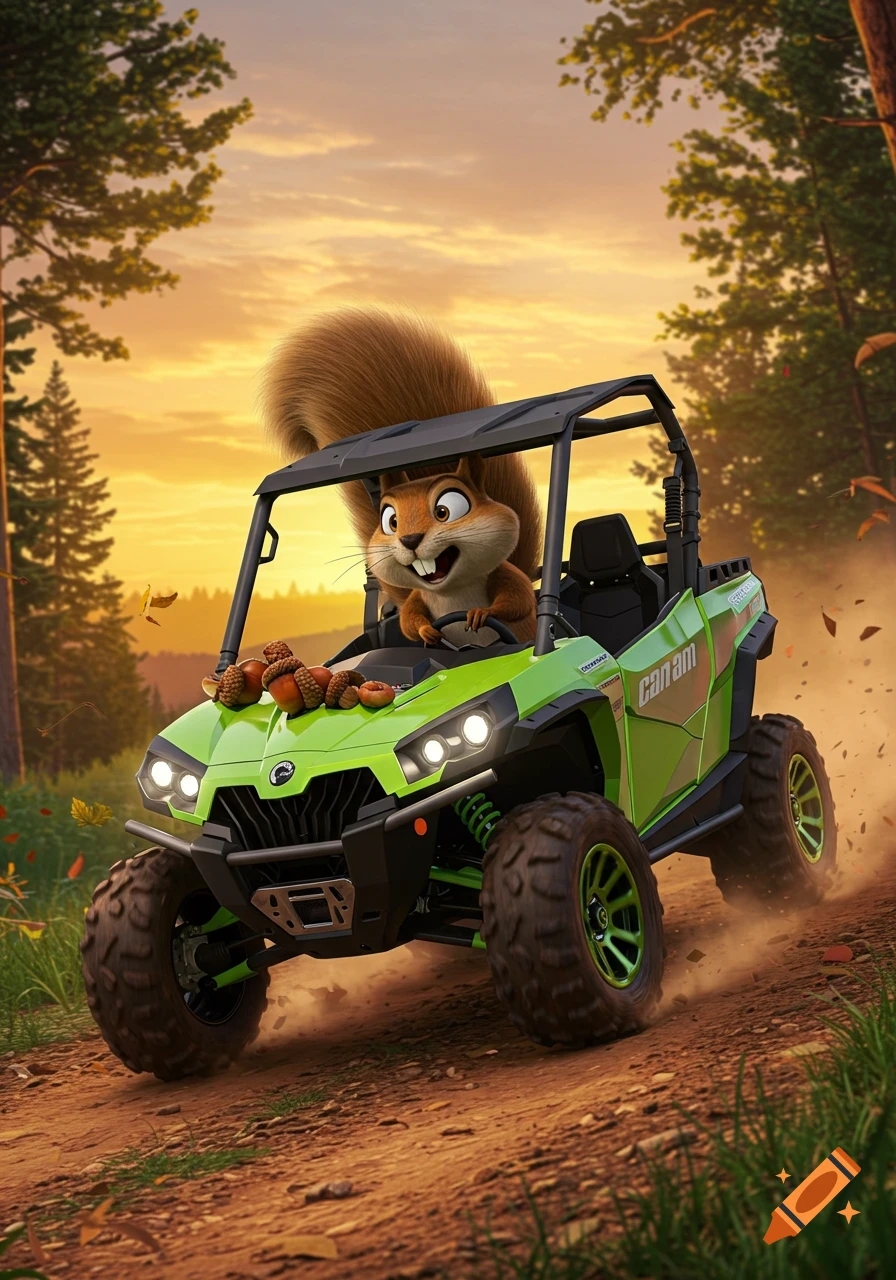 A happy, animated squirrel drives a green Can-Am side-by-side on a dirt path in a forest at sunset.