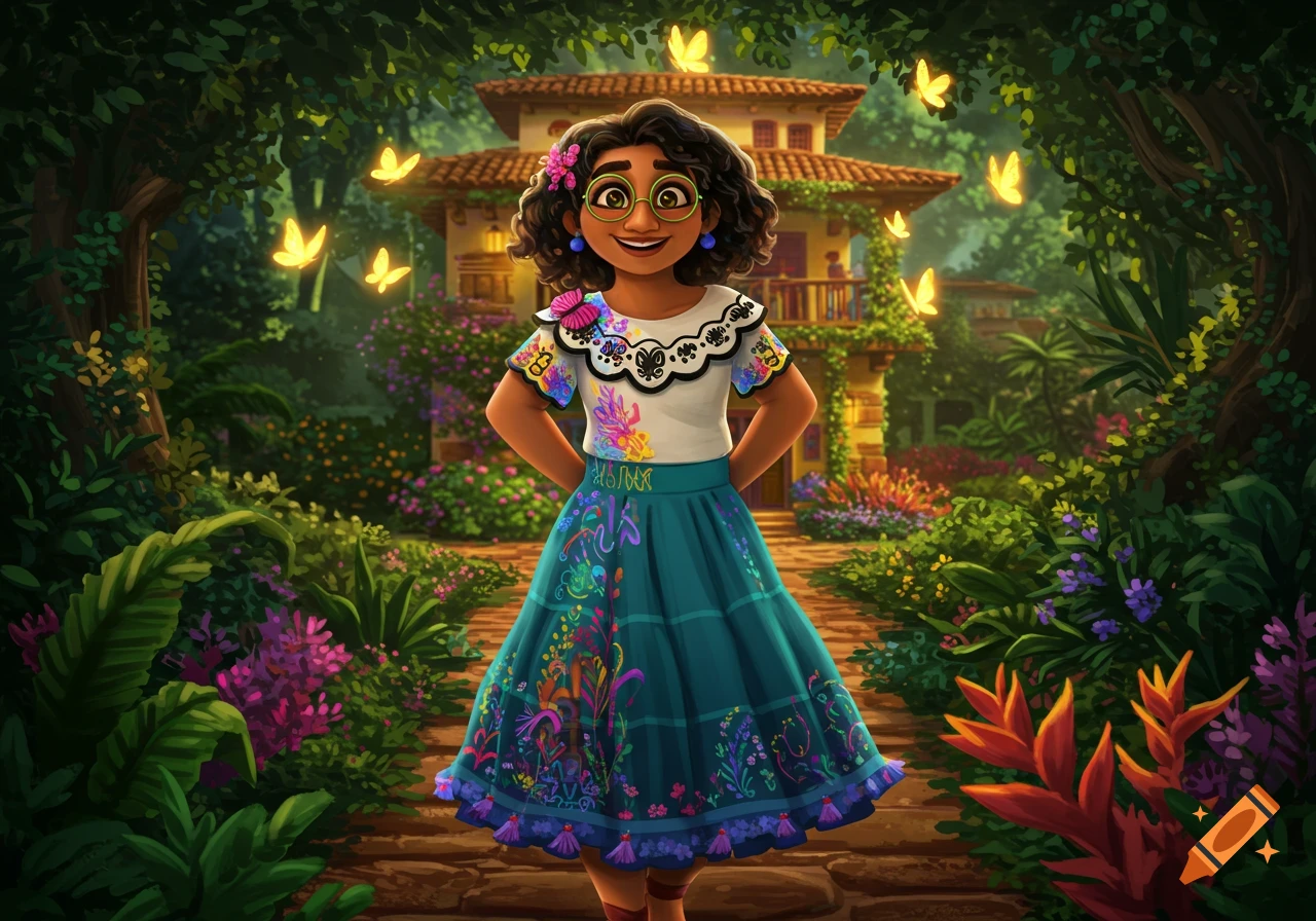 Illustration of Mirabel from Encanto smiling in a lush, vibrant garden with glowing yellow butterflies.