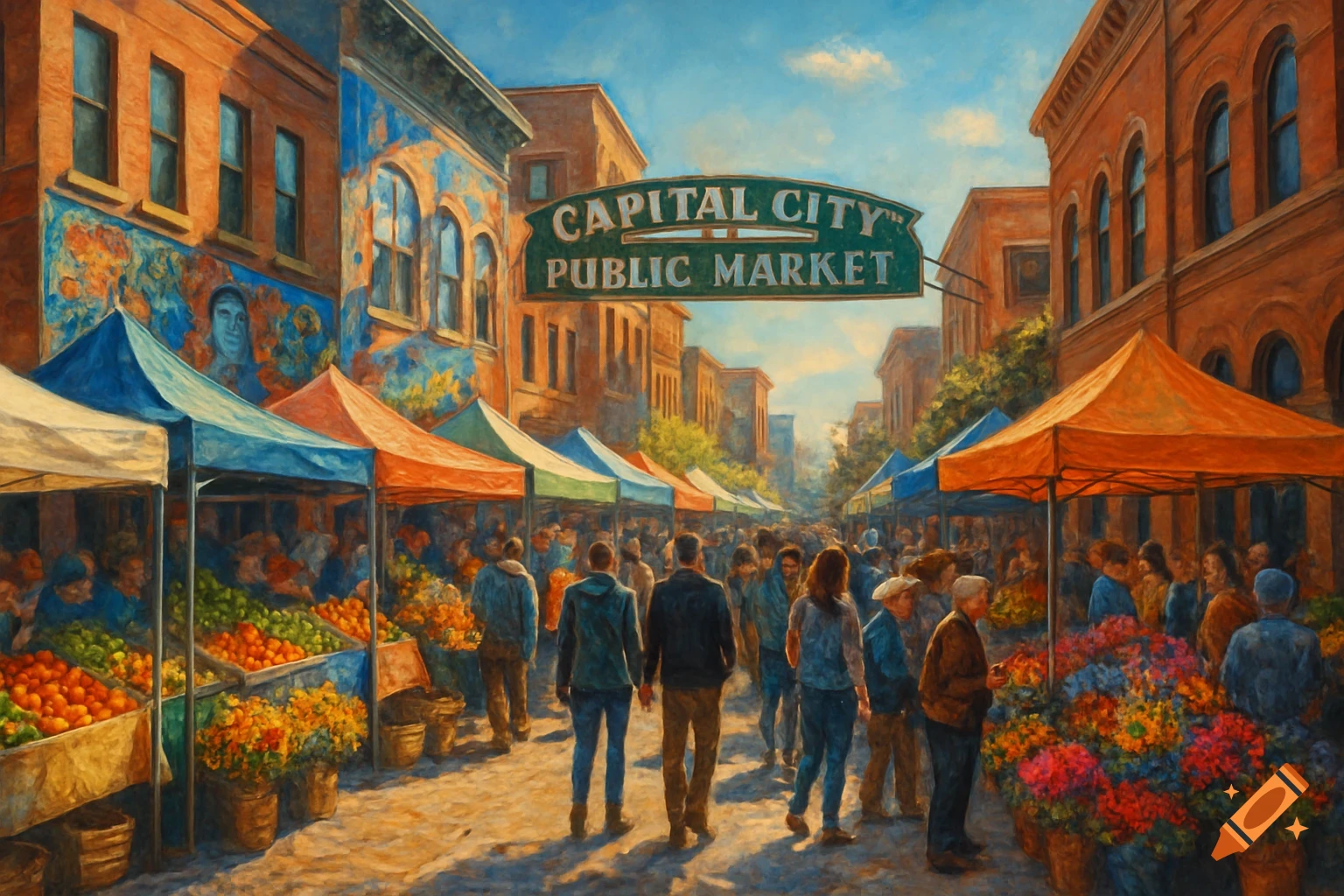 A vibrant oil painting of a bustling public market street lined with vendors under colorful tents and a 'Capital City Public Market' sign.
