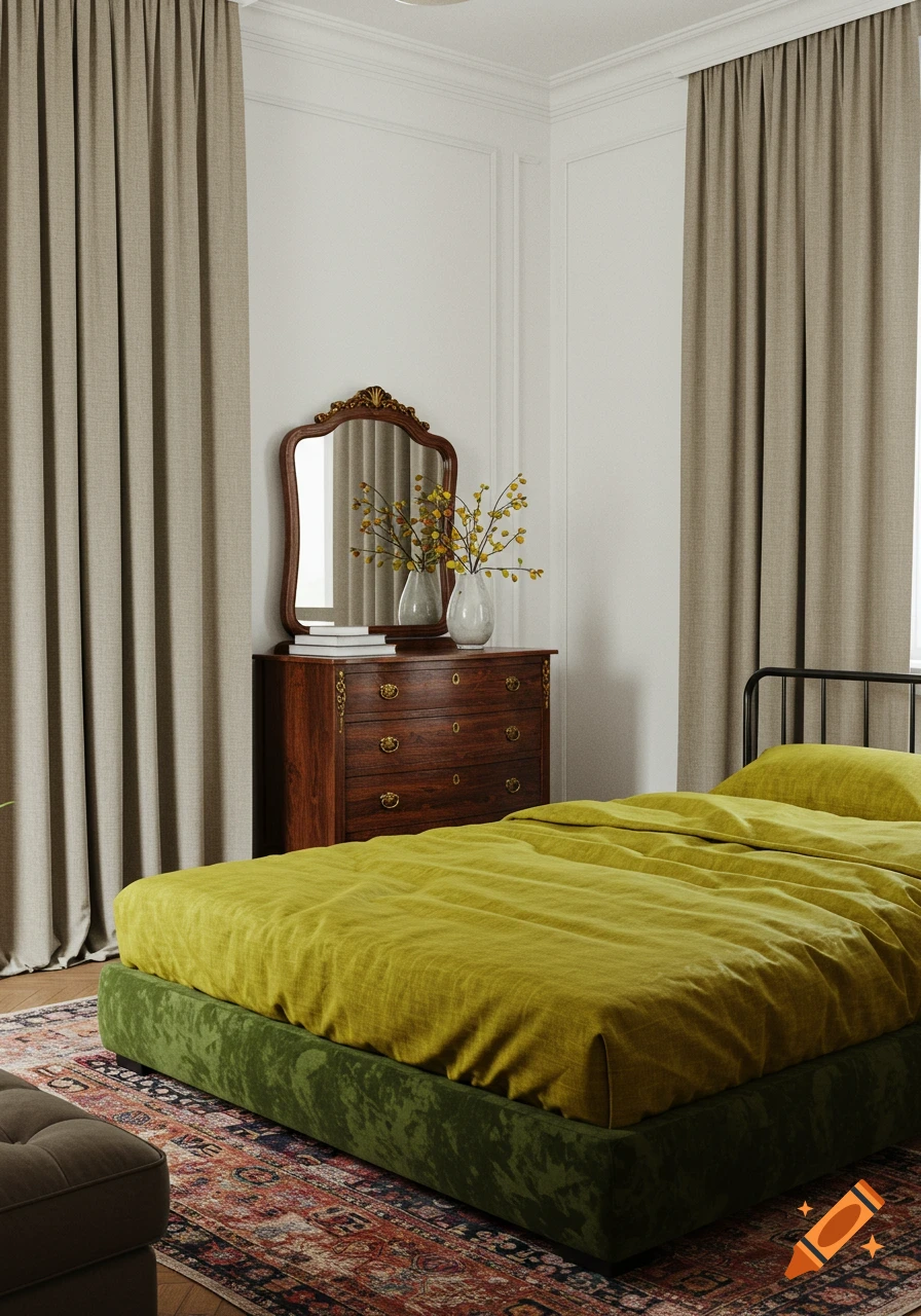 A cozy bedroom with a dark green velvet bed frame, a vibrant yellow-green linen duvet, a vintage wooden dresser with a mirror, and beige curtains.