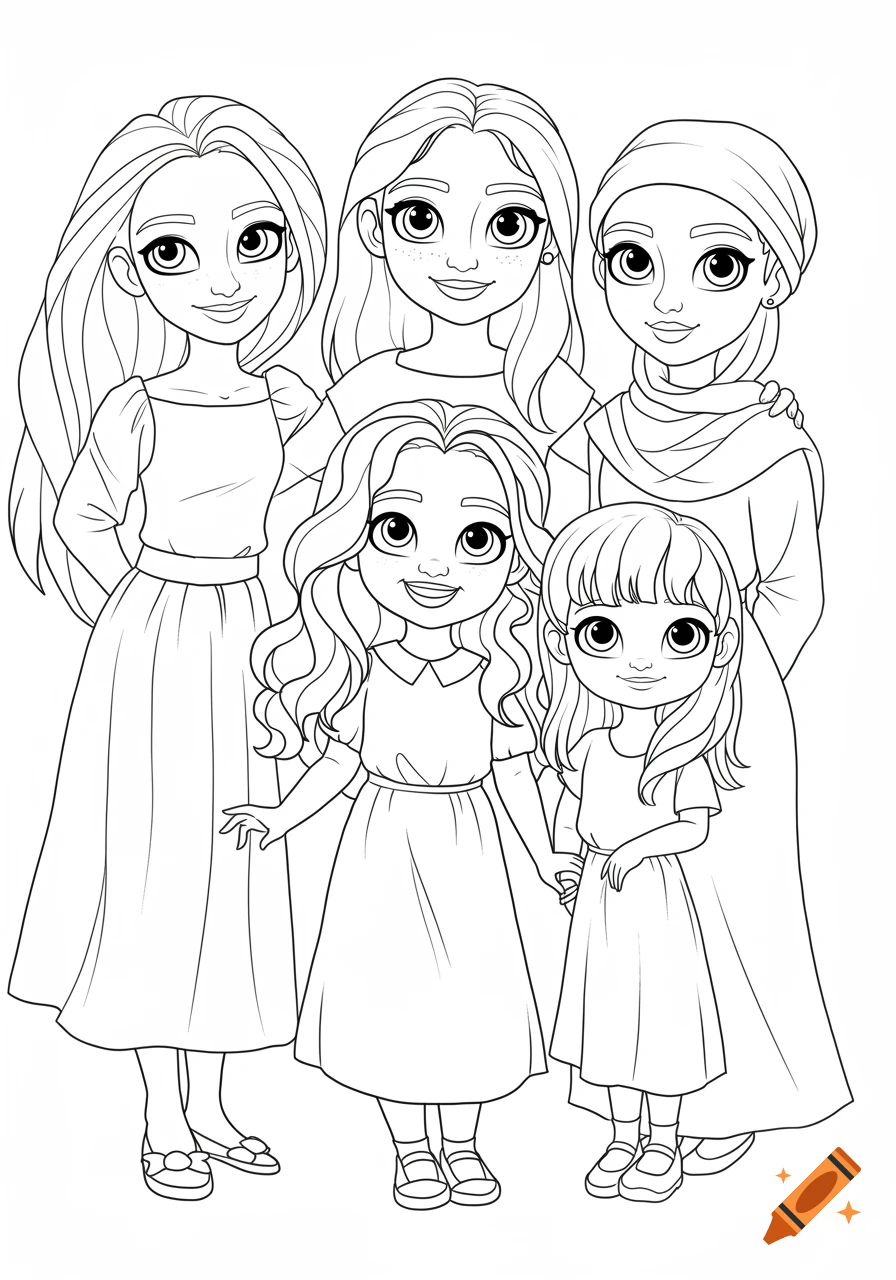 A black and white line drawing of five cartoon girls of varying ages standing together and smiling, in a coloring book style.
