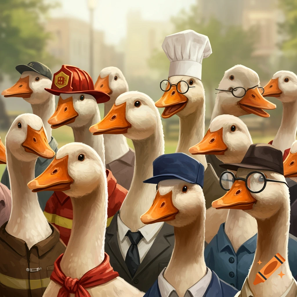 A crowded group of anthropomorphic geese wearing various professional outfits, including a chef's hat, firefighter helmet, and business suits.