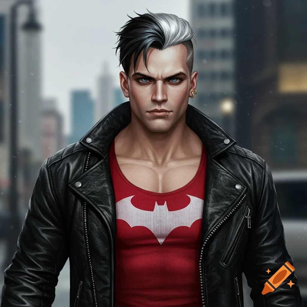 A stern man with black and white hair, blue eyes, and a lip ring, wearing a black leather jacket and a red tank top with a white Batman logo in an urban setting. Digital art.