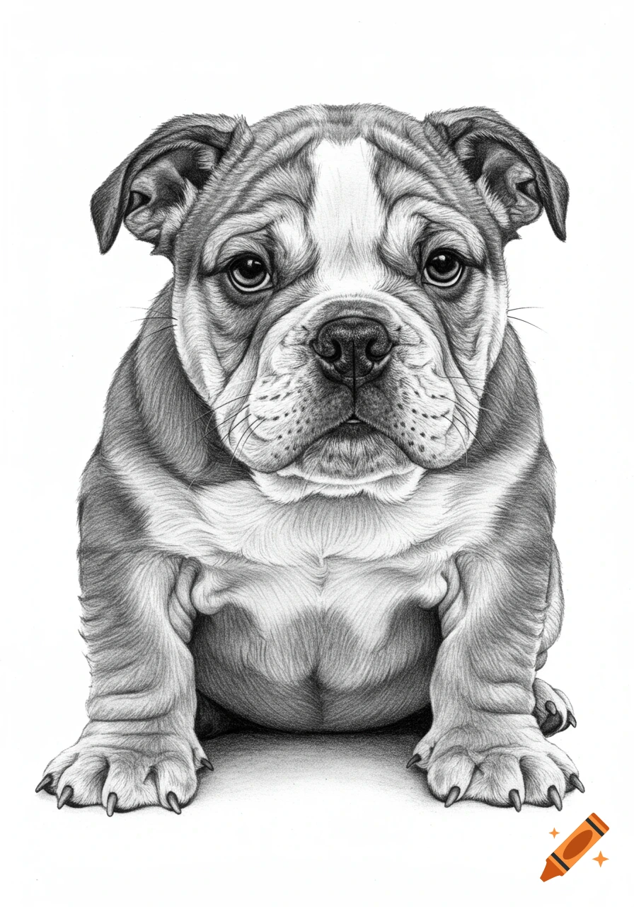 A realistic black and white pencil drawing of a cute bulldog puppy sitting.