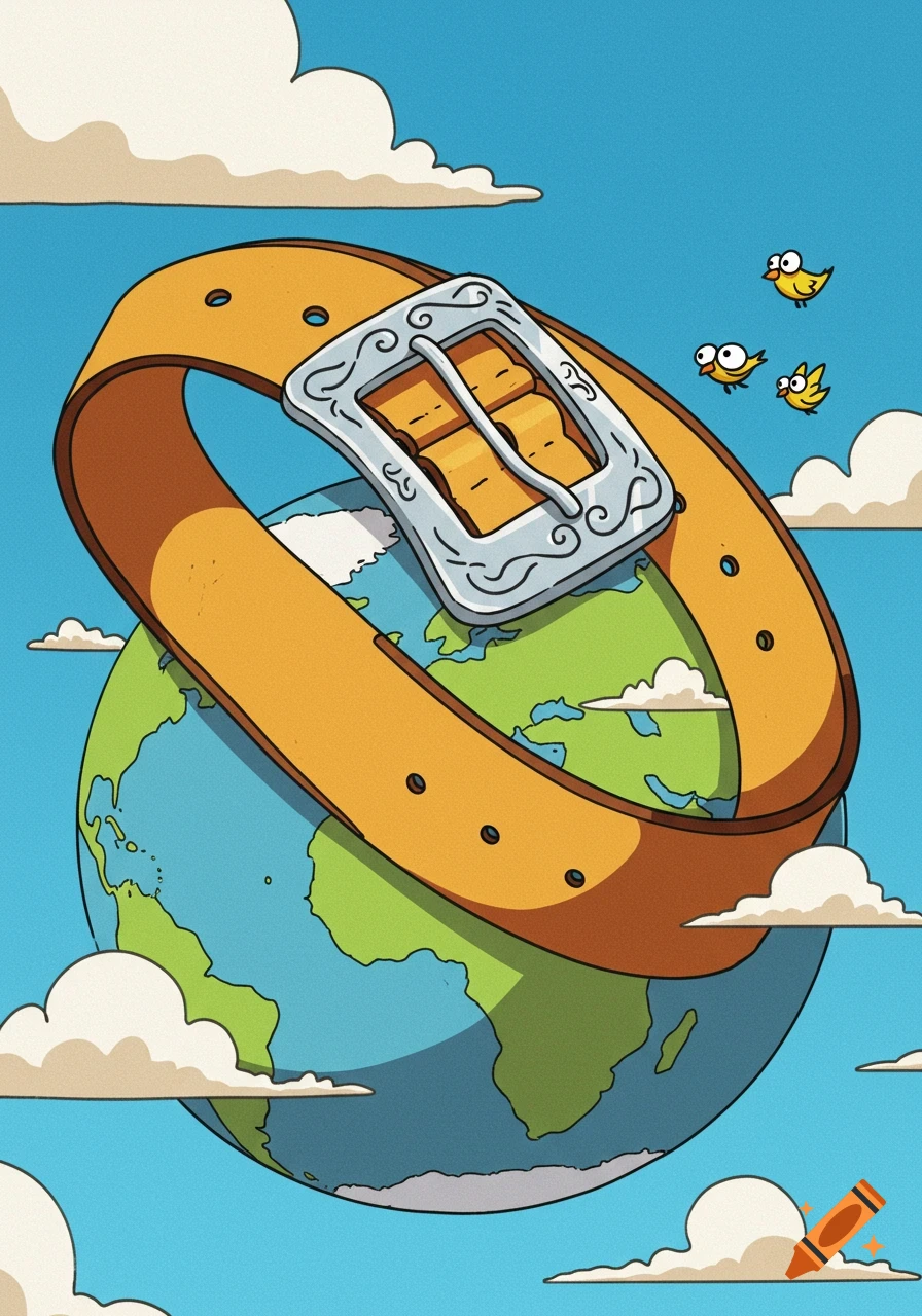 A cartoon illustration of a giant brown belt wrapped around the Earth, with clouds and small yellow birds in the blue sky.