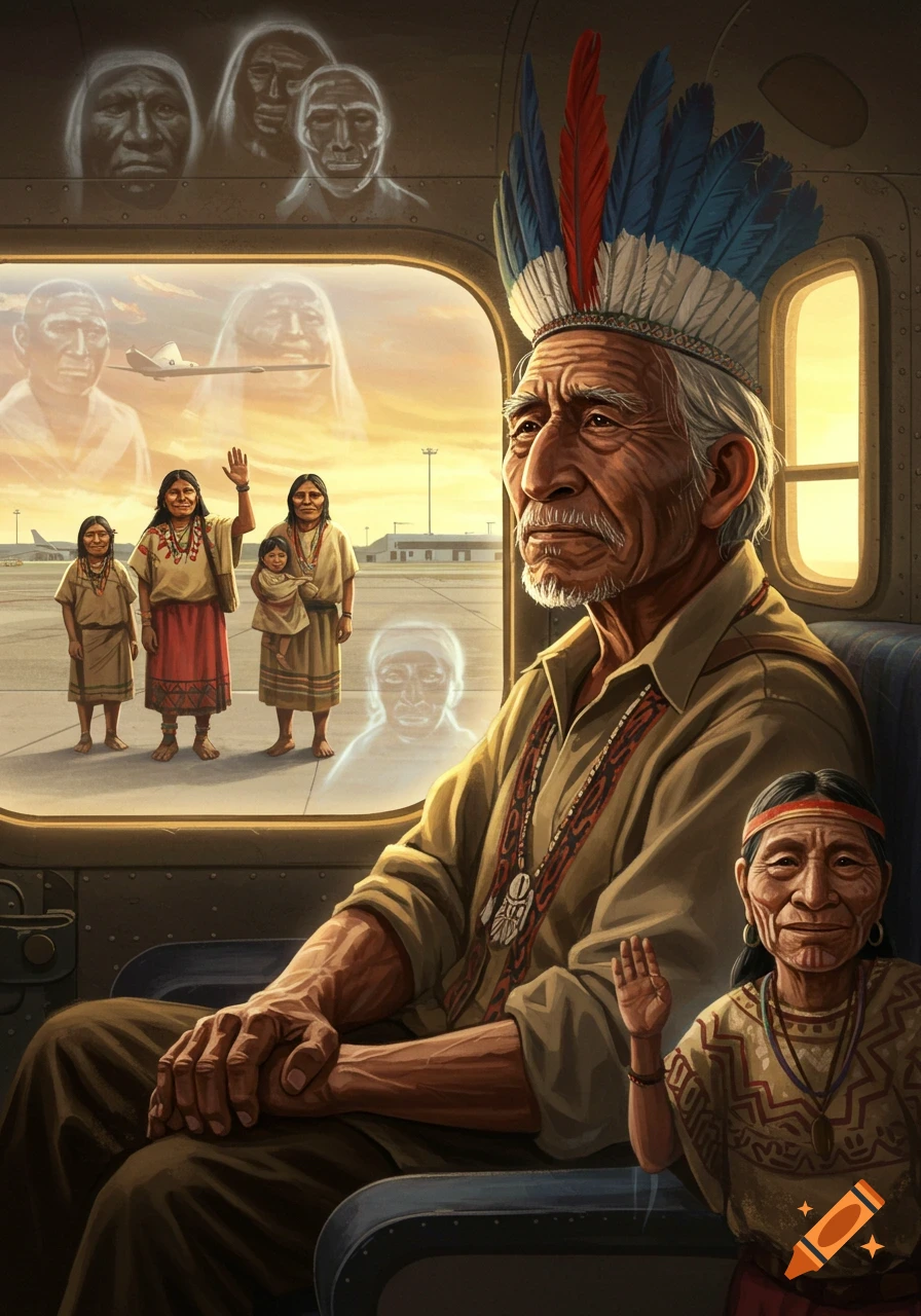 An indigenous elder on a plane looks out at his family waving goodbye, with ghostly ancestors surrounding them.