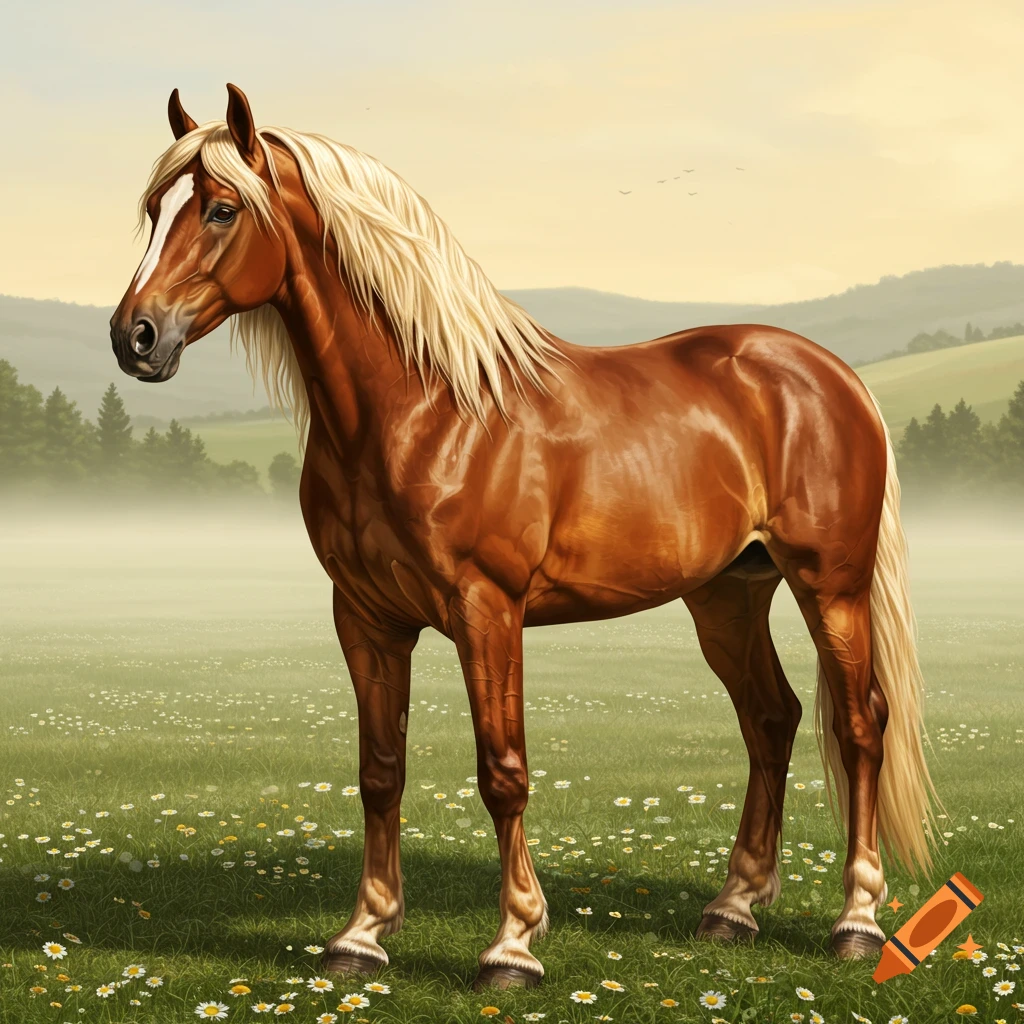 A majestic brown horse with a blonde mane stands in a vibrant green meadow with white and yellow daisies and misty hills.