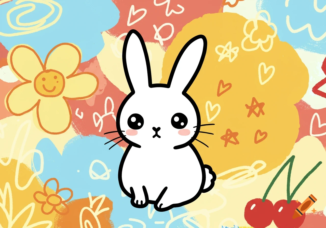 A cute white cartoon bunny sits in front of a colorful, doodle-style background with flowers, hearts, and stars.