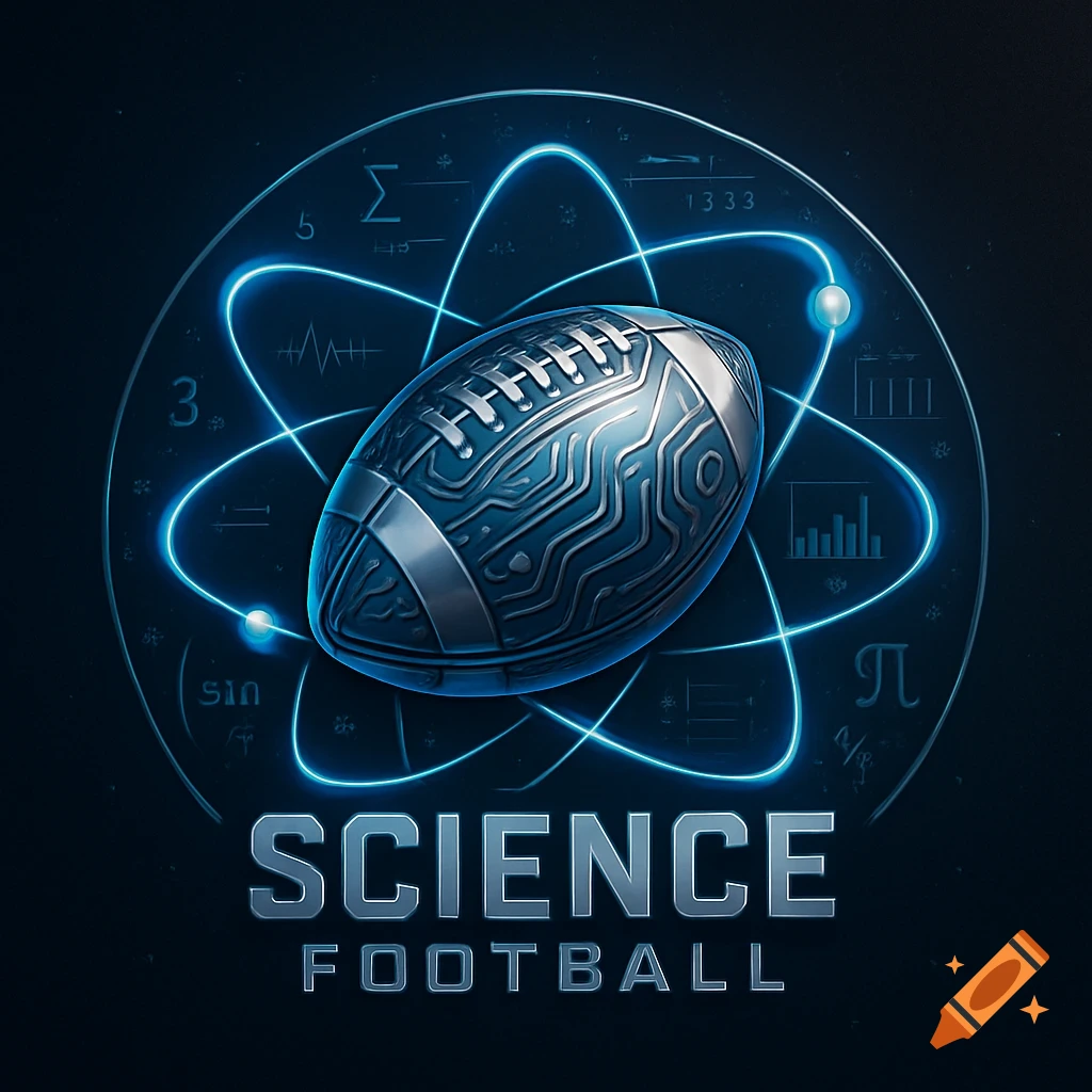 Sci-fi logo with a metallic football, circuit patterns, glowing atomic orbits, and scientific symbols. Text: SCIENCE FOOTBALL.