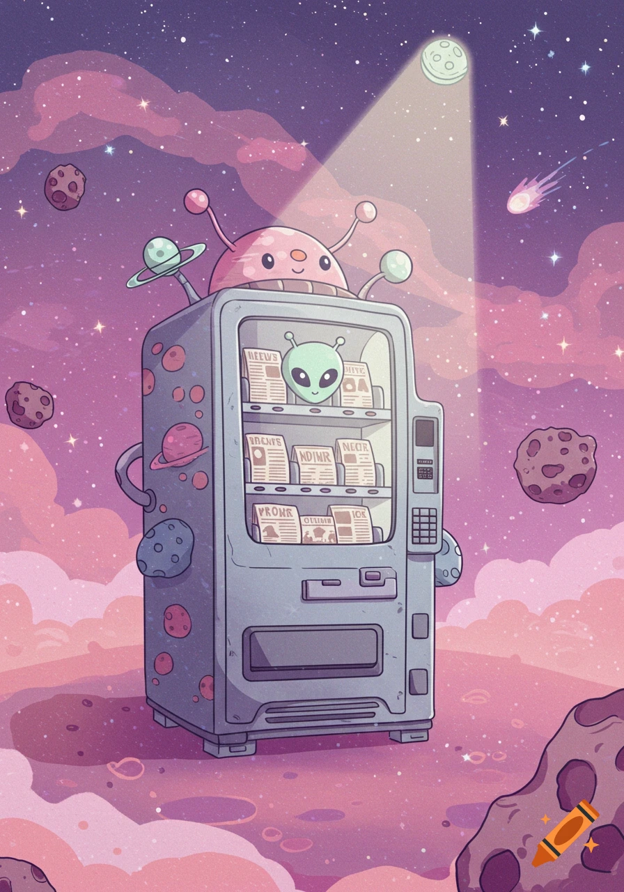 A cute, whimsical alien-themed newspaper vending machine stands on a pink, cloud-like alien planet under a starry purple sky.