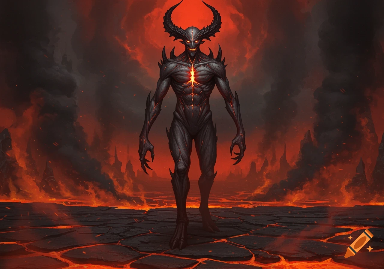 A menacing horned demon with glowing red eyes and a fiery chest stands in a dark, lava-filled hellscape.