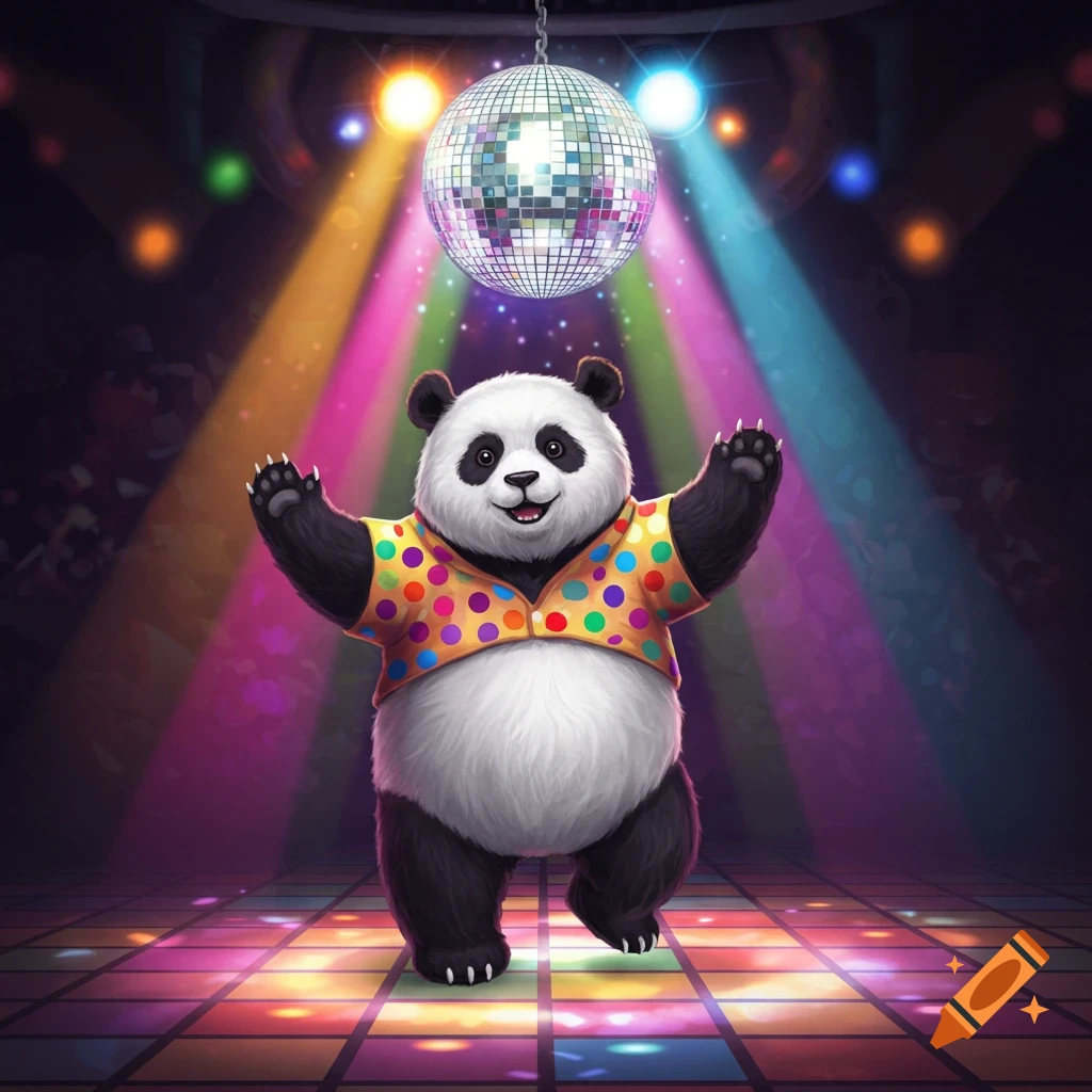 A happy cartoon panda in a colorful polka dot shirt dances under a disco ball on a brightly lit dance floor.