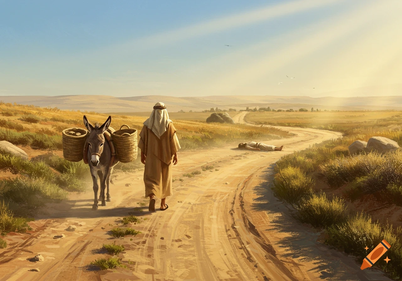 An ancient man in robes walks a donkey with baskets on a desert road, approaching a person lying on the ground under a bright sky.