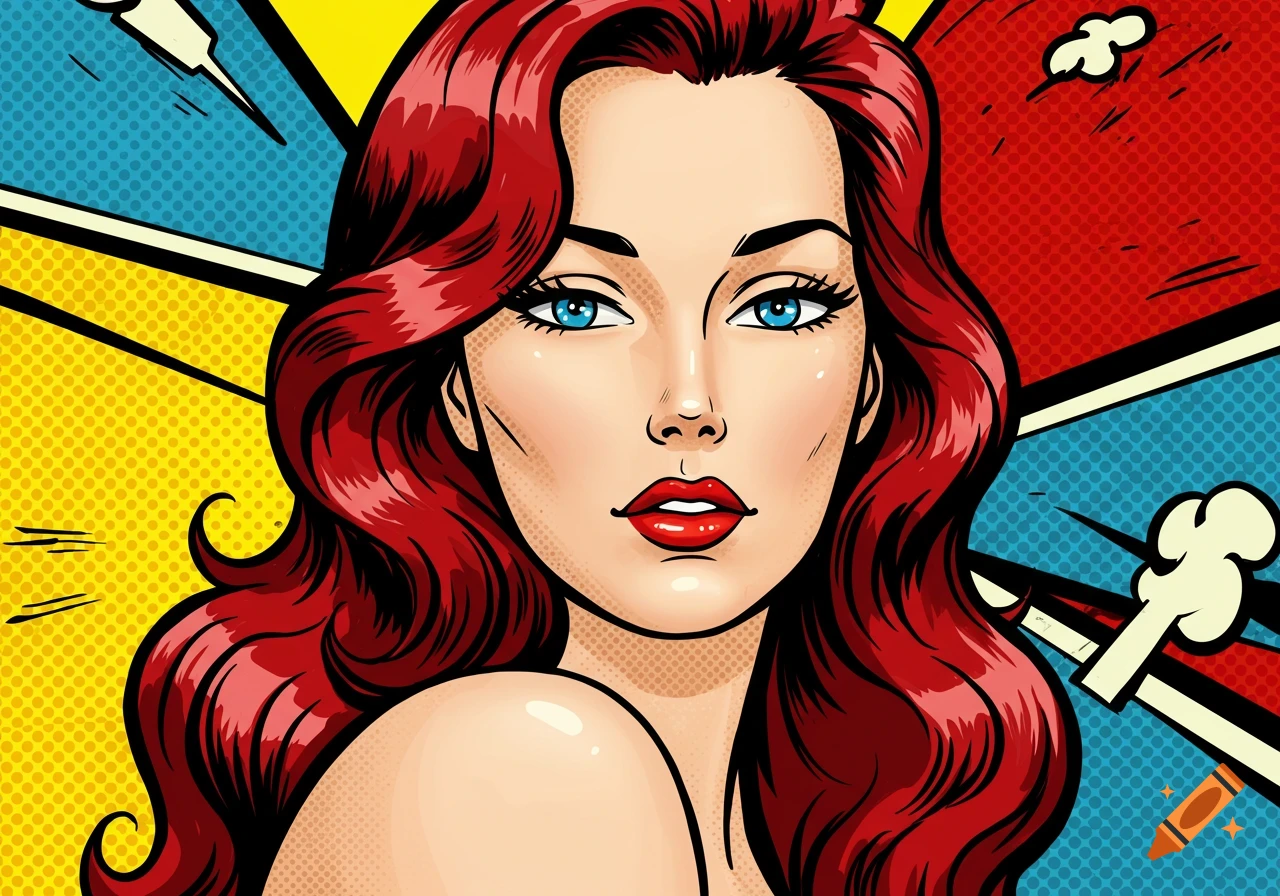 Pop art illustration of a woman with red hair and blue eyes against a colorful, dotted background.
