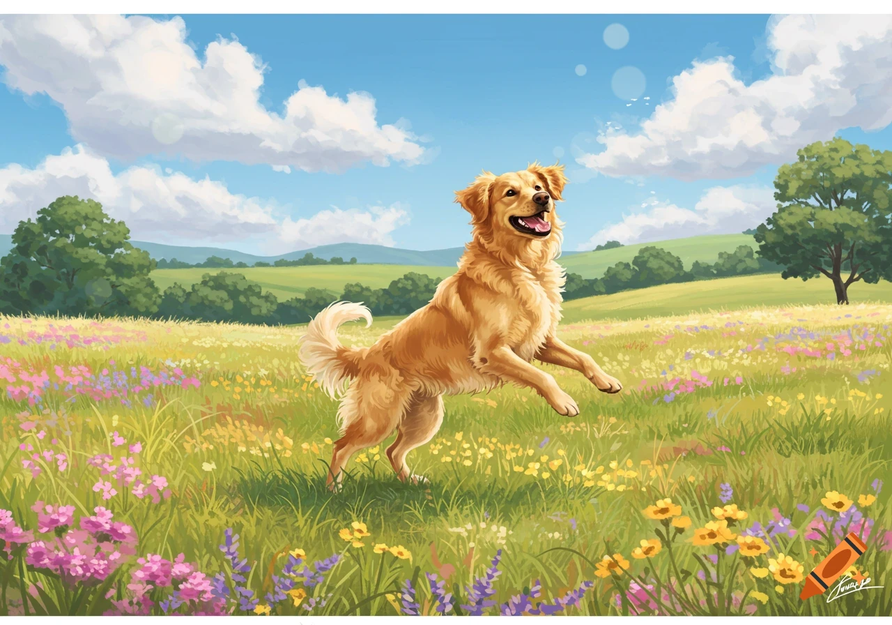 A happy golden retriever leaps through a sunny meadow filled with colorful wildflowers, under a blue sky with fluffy clouds, in a vibrant painterly style.