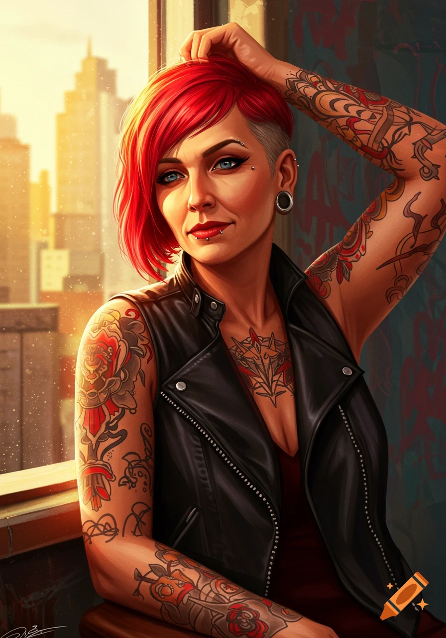A vibrant portrait of a woman with bright red hair and a shaved side, adorned with numerous tattoos and facial piercings, wearing a leather vest, in an urban setting at sunset.