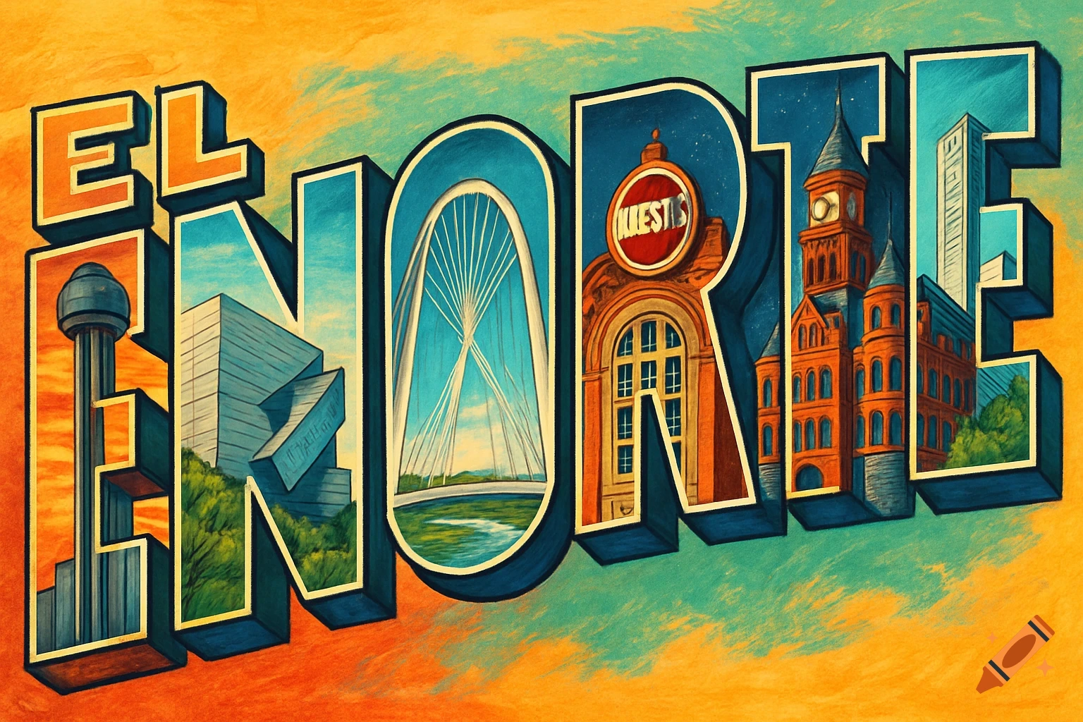 Vintage-style illustration spelling 'EL NORTE' with famous Dallas landmarks inside each block letter.