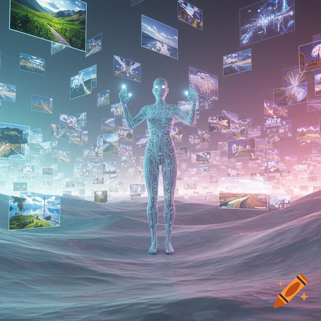 A glowing humanoid figure with circuit patterns stands on a rippled landscape, surrounded by floating screens displaying diverse natural scenes.