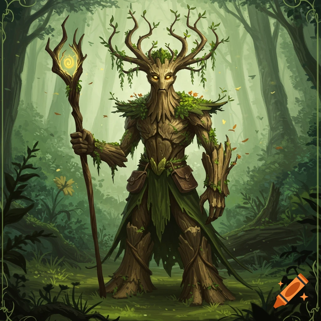 A humanoid treant with glowing amber eyes, bark skin, and leafy branches stands in a mystical forest, holding a glowing wooden staff.