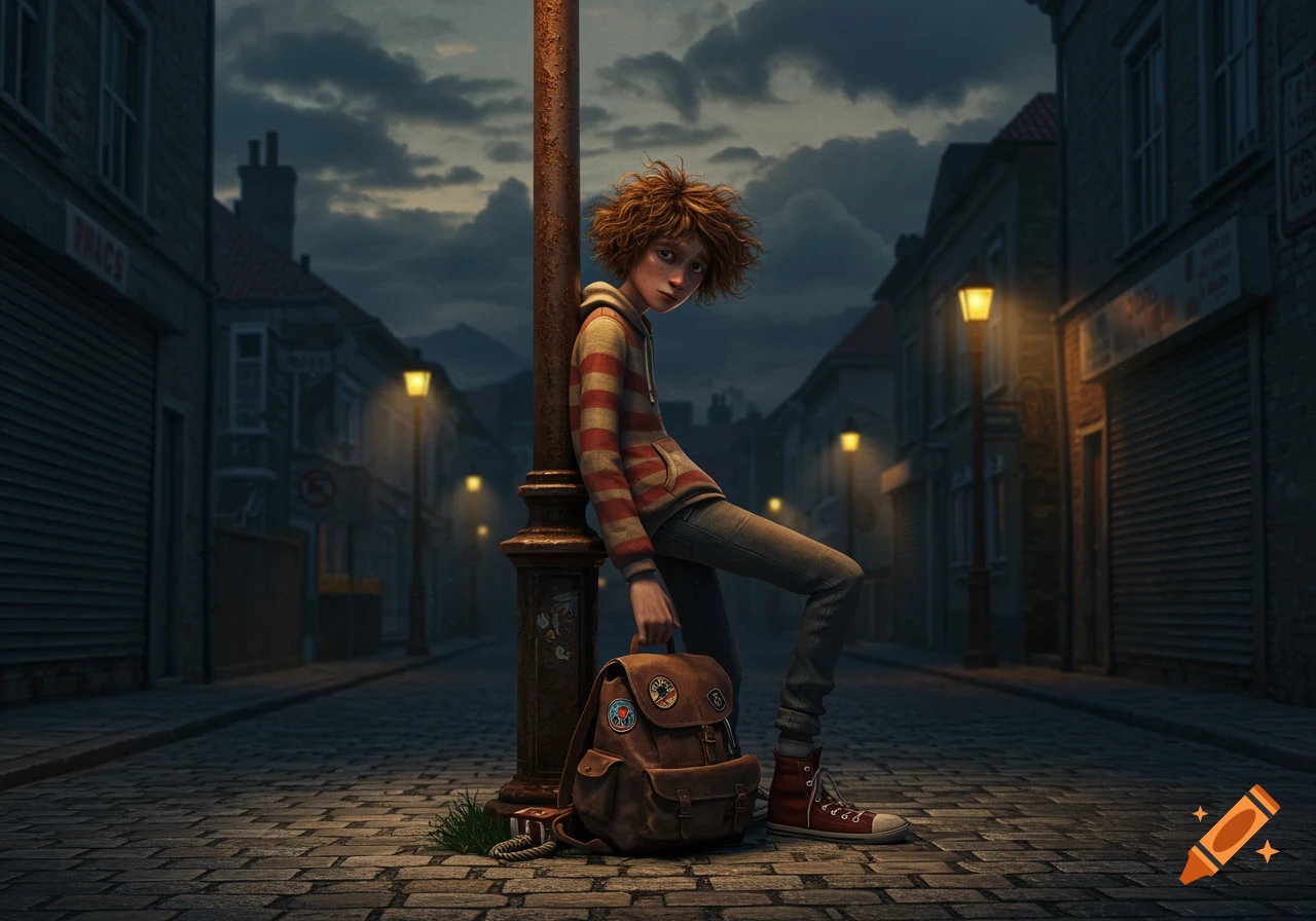 A stylized image of a young boy with curly red hair and a striped hoodie leaning against a lamppost on a cobblestone street at dusk, with a backpack at his feet.