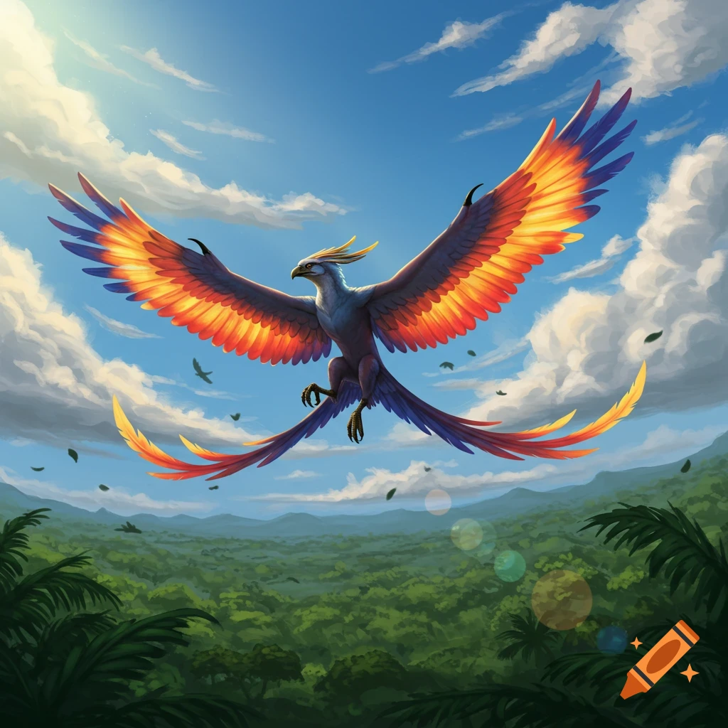 A vibrant, colorful phoenix-like bird with wide, outstretched wings flies over a lush green jungle under a bright blue sky with clouds, in a painted style.