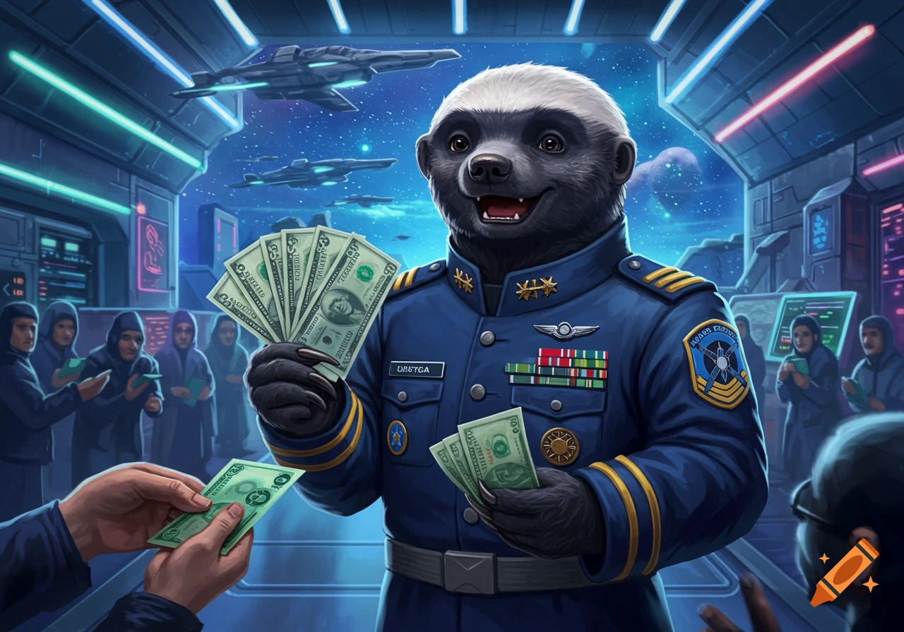 A smiling honey badger in a blue space force uniform holds up money while another hand offers a bill in a spaceship. Spaceships are visible outside the window.