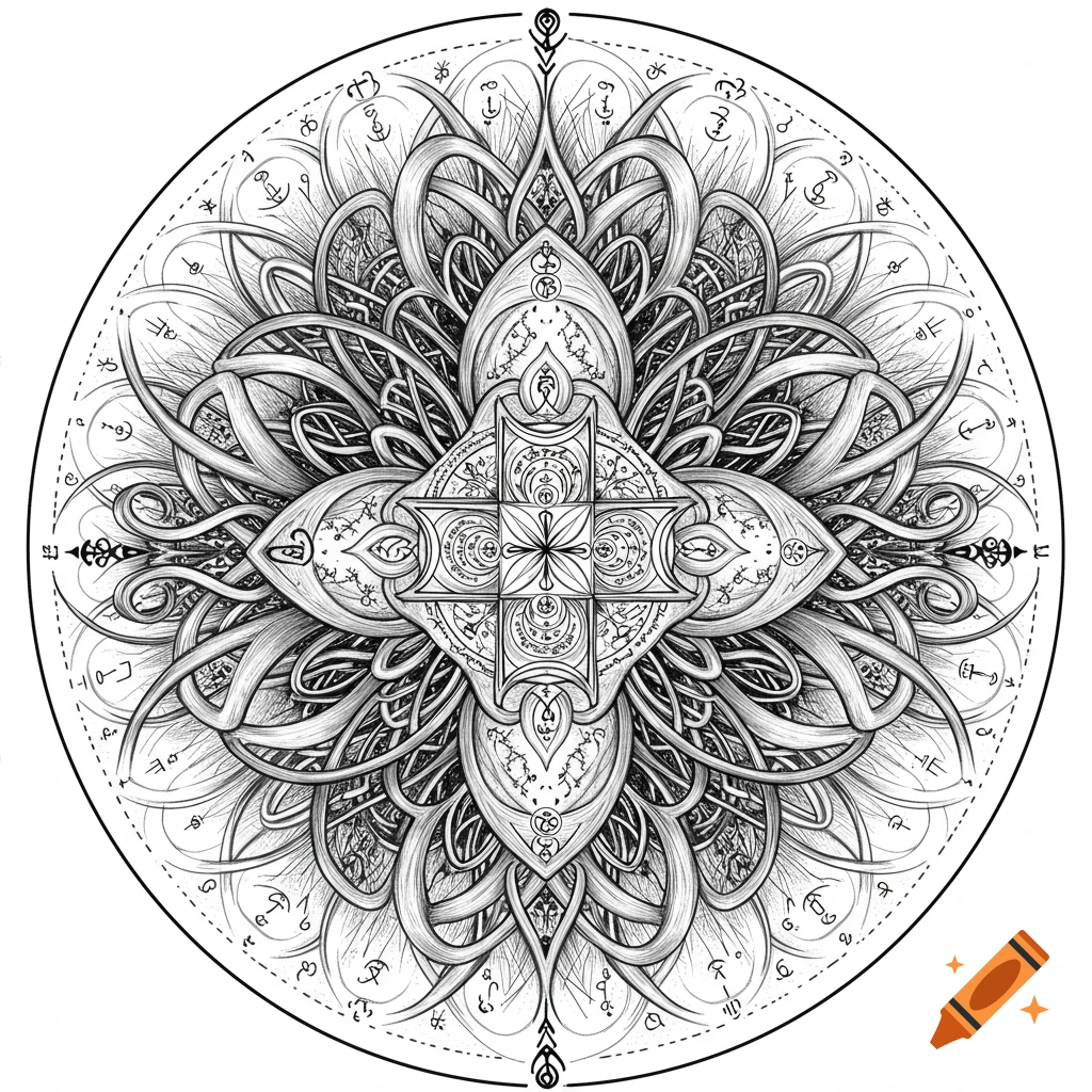 An intricate black and white circular mandala with intertwining patterns, a central cross, and decorative symbolic elements.