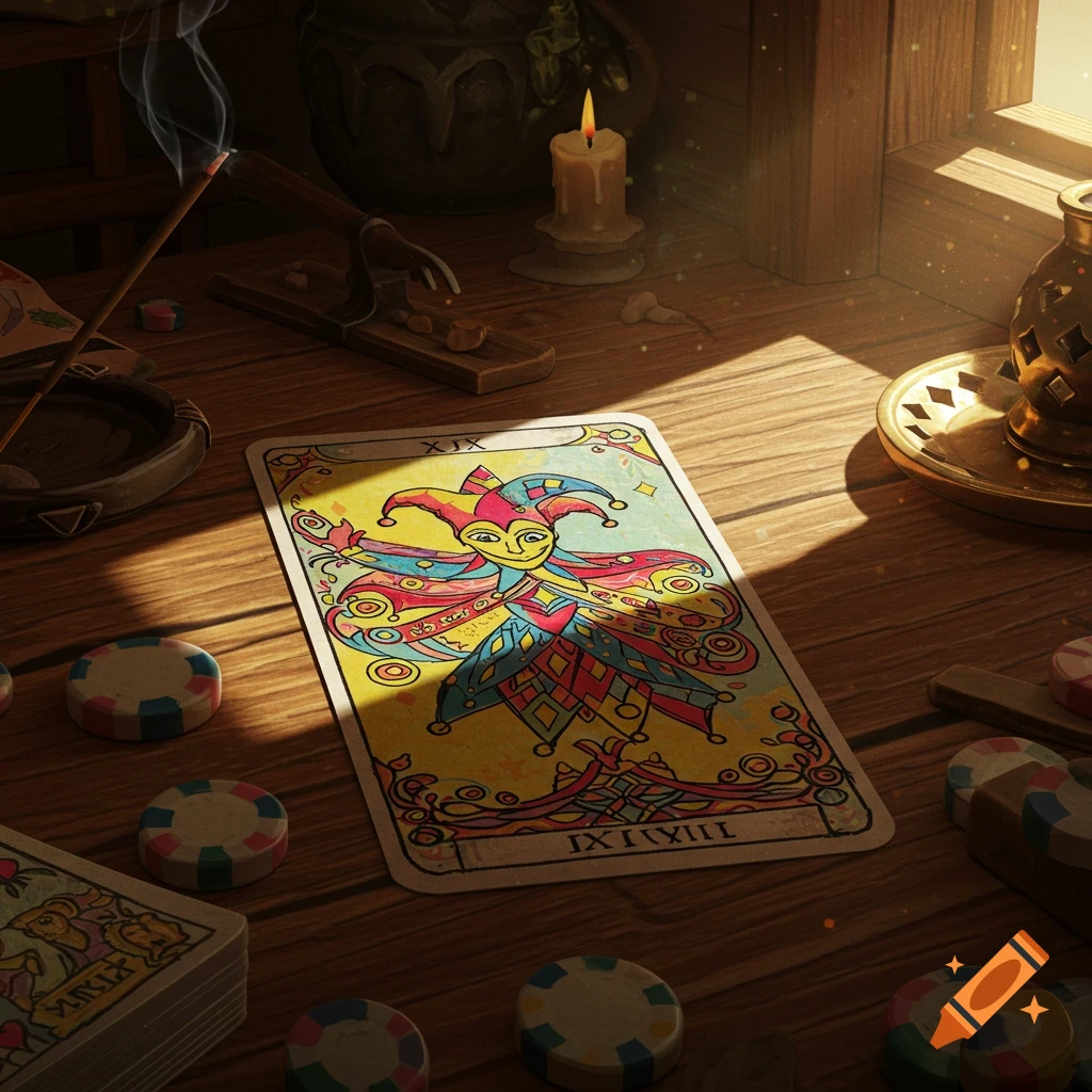A colorful Jester tarot card on a wooden table with poker chips, incense, and a lit candle, bathed in sunlight.