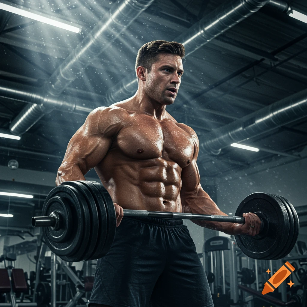 Photorealistic image of a muscular man lifting a barbell in a gym, sweat on his body.