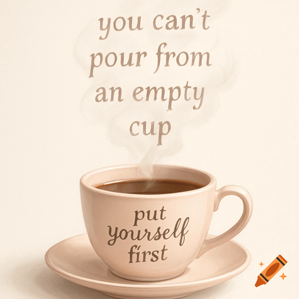 A pink cup of hot coffee with 'put yourself first' written on it. Steam rising from the cup forms the text 'you can't pour from an empty cup'.