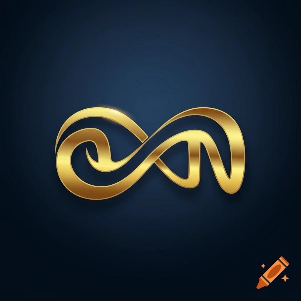 A shiny golden symbol on a dark blue background, forming an abstract infinity loop that subtly integrates the letters A and N.