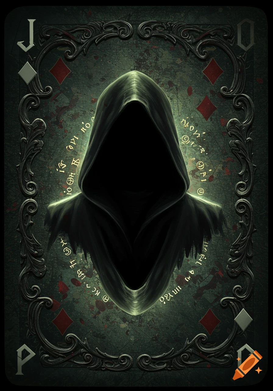 A dark, mysterious hooded figure on an ornate, green and black playing card with red diamond suits and glowing arcane symbols.