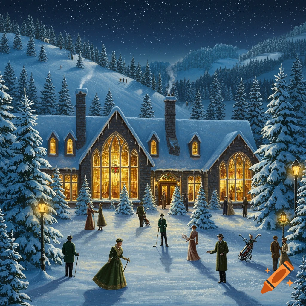 A grand snow-covered stone lodge glows with warm light under a starry winter night. People in vintage attire stand in the snow, some with golf clubs, surrounded by evergreen trees.