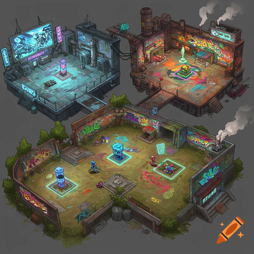 Isometric concept art of a futuristic MOBA map with neon-lit, industrial, and graffiti-covered urban zones, featuring small player characters.
