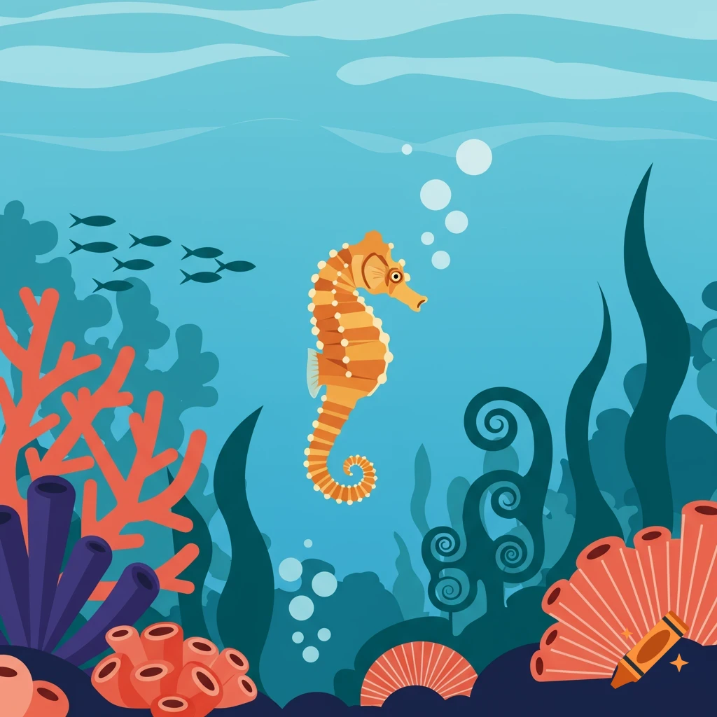 A vibrant orange seahorse swims among colorful coral and green seaweed in a stylized blue ocean.