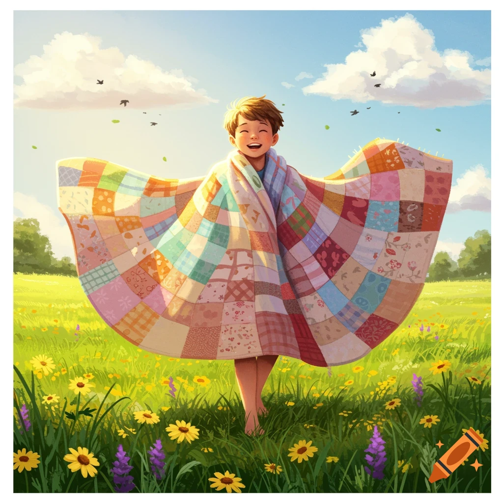 A cheerful boy wrapped in a colorful patchwork quilt stands in a bright green field with wildflowers under a sunny sky.
