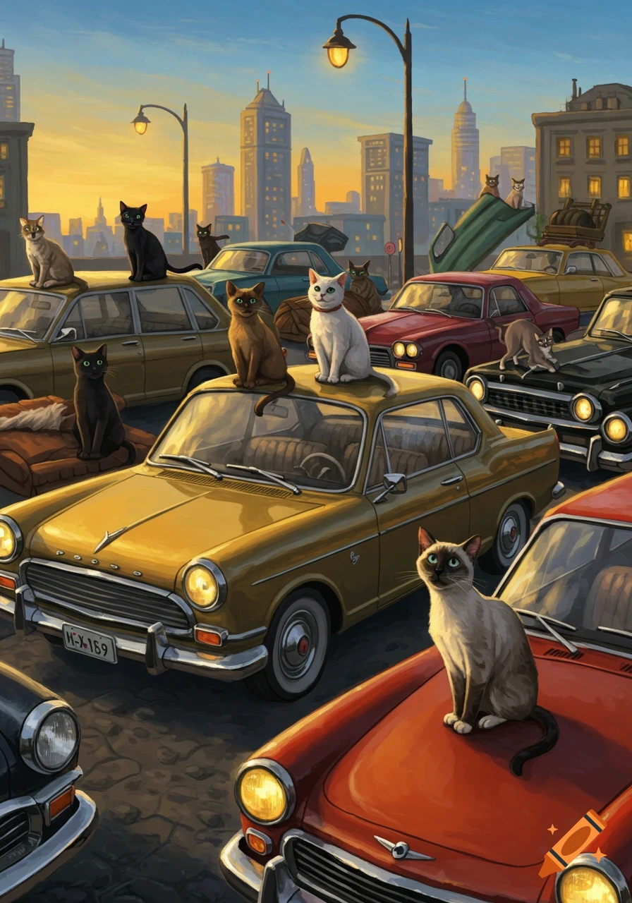 Several cats sit on and around vintage cars in a busy city street, with buildings and a sunset sky in the background.