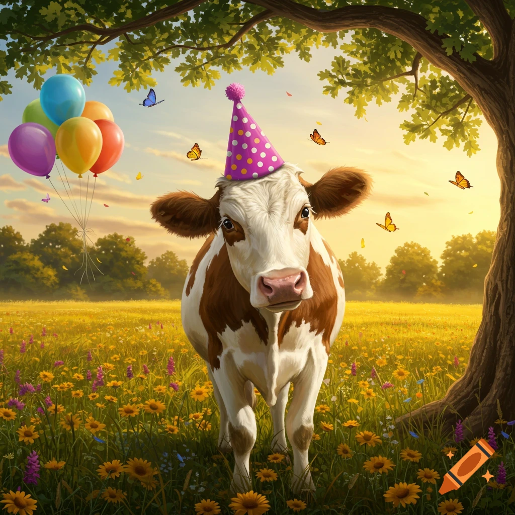 A brown and white cow wearing a purple polka-dotted birthday hat stands in a vibrant wildflower field with balloons and butterflies at sunset.