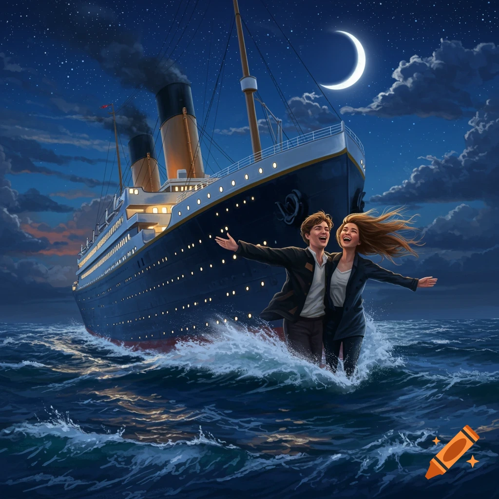 Illustration of a man and woman with outstretched arms in the ocean at night, with a large ship behind them under a crescent moon.