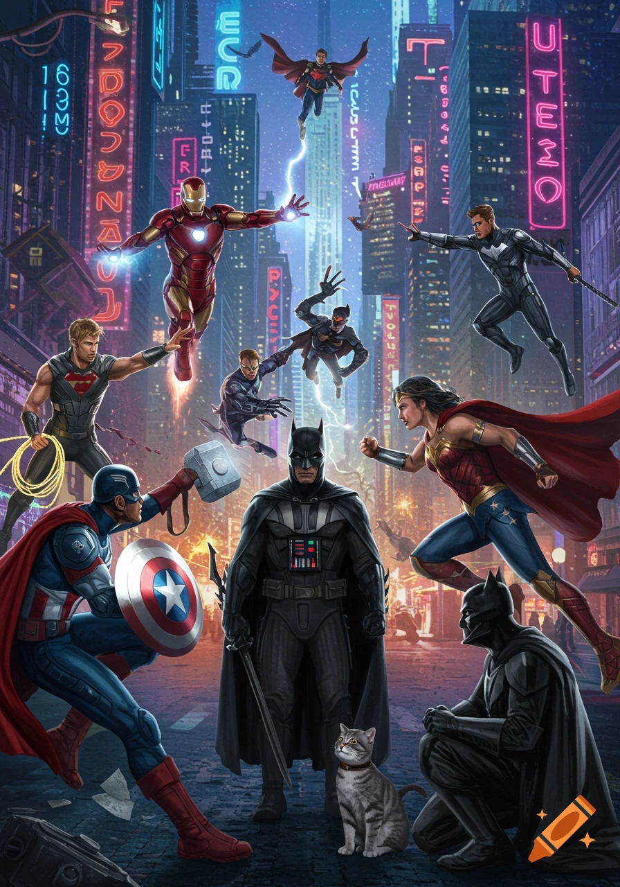 A dynamic superhero battle scene featuring characters resembling Avengers and Justice League members in a neon-lit futuristic city, with a Darth Vader-like Batman petting a cat in the foreground.