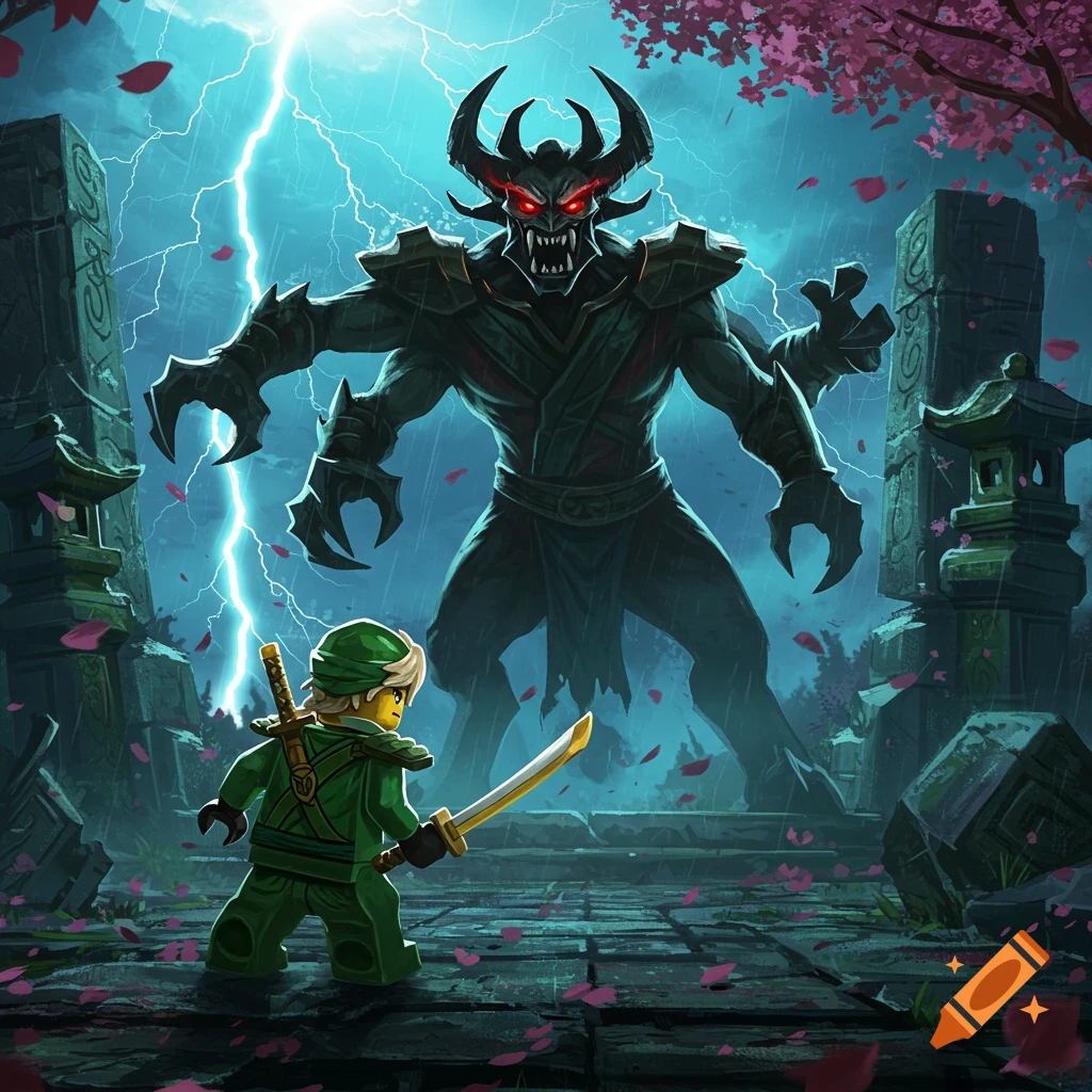 A Lego-style green ninja with a sword faces a large, four-armed horned demon in a rainy, stormy temple setting with cherry blossoms.